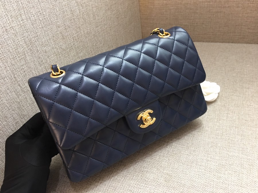 Medium Classic Flap Lambskin Bag AO1112 Dark Blue/Gold